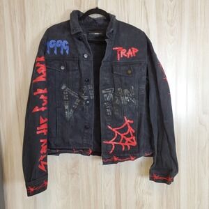 Streetwear Men Jean Jacket 'Stay the F***k back' Retro Y2K Grunge Knight WWE M